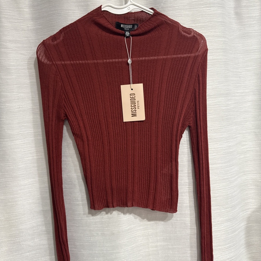 Missguided Maroon Ribbed Mock Neck Long. Sleeve Crop Sweater Top NWT Size US 4